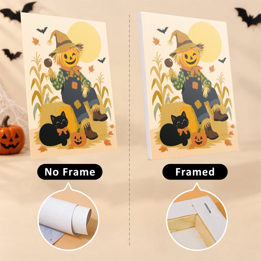 Scarecrow Harvest Friends mini canvas shown rolled without a frame and pre-stretched on a frame