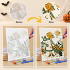 Before and after of a Scarecrow Harvest Friends mini paint by numbers canvas