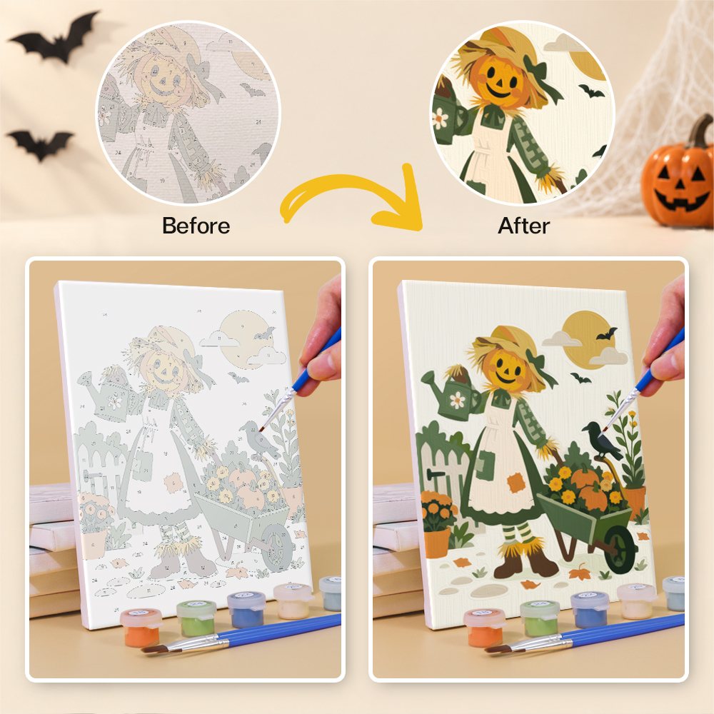 Before and after of a Scarecrow Harvest Friends mini paint by numbers canvas