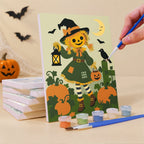 Painting a Scarecrow Harvest Friends mini canvas propped up beside numbered acrylic paints