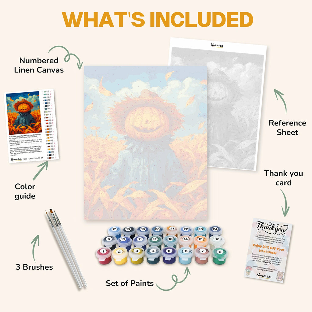 What's included in the Scarecrow Sovereign paint by numbers kit: numbered linen canvas, reference sheet, color guide, 24 acrylic paints, 3 brushes and thank you card