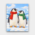 Scarf Weather paint by numbers kit of two penguins in red and green knitted scarves standing on snowy ice