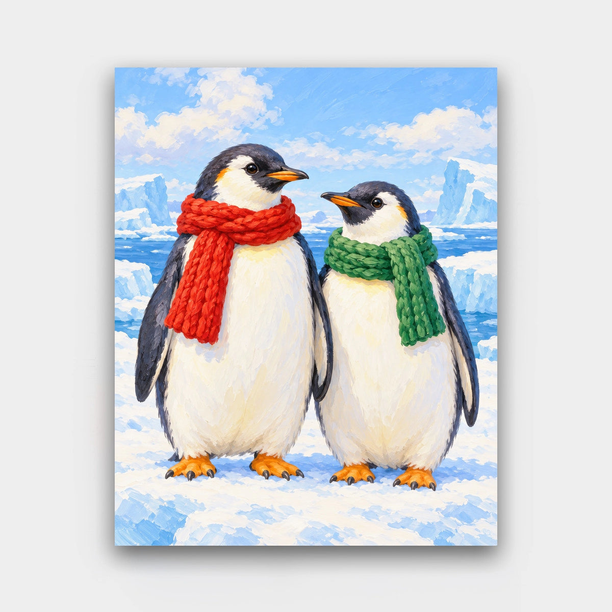 Scarf Weather paint by numbers kit of two penguins in red and green knitted scarves standing on snowy ice