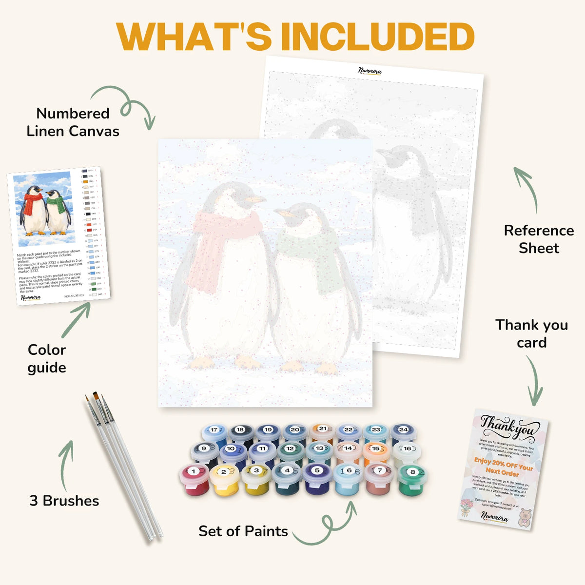 What's included in the Scarf Weather paint by numbers kit: numbered linen canvas, reference sheet, color guide, 24 acrylic paints, 3 brushes and thank you card