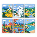 Scenic Escapes mini paint by numbers set: six landscapes of a village, ski chalet, river, desert road, autumn lake and lighthouse