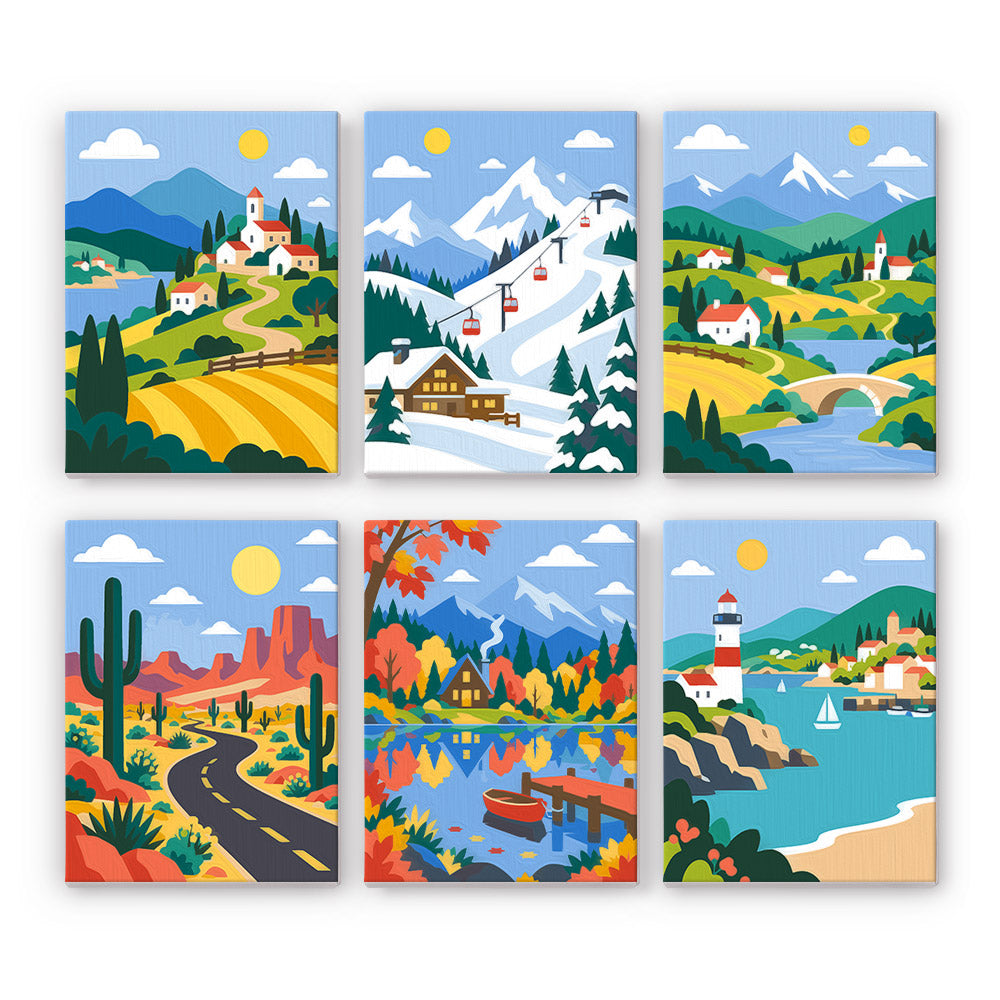 Scenic Escapes mini paint by numbers set: six landscapes of a village, ski chalet, river, desert road, autumn lake and lighthouse