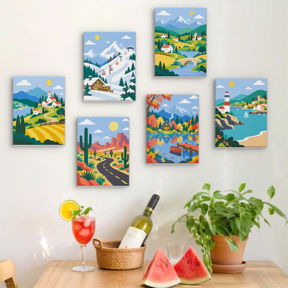 Six finished Scenic Escapes mini paintings hung on a wall above a table
