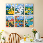 Scenic Escapes mini paintings displayed as a gallery wall in a sunny kitchen