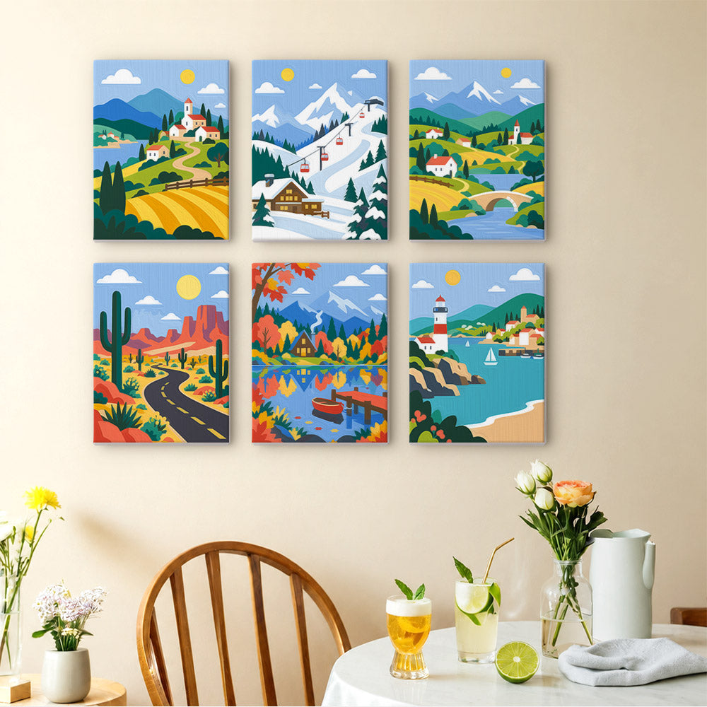 Scenic Escapes mini paintings displayed as a gallery wall in a sunny kitchen