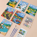 Scenic Escapes mini paint by numbers kit with six numbered canvases, acrylic paints, brushes and layout