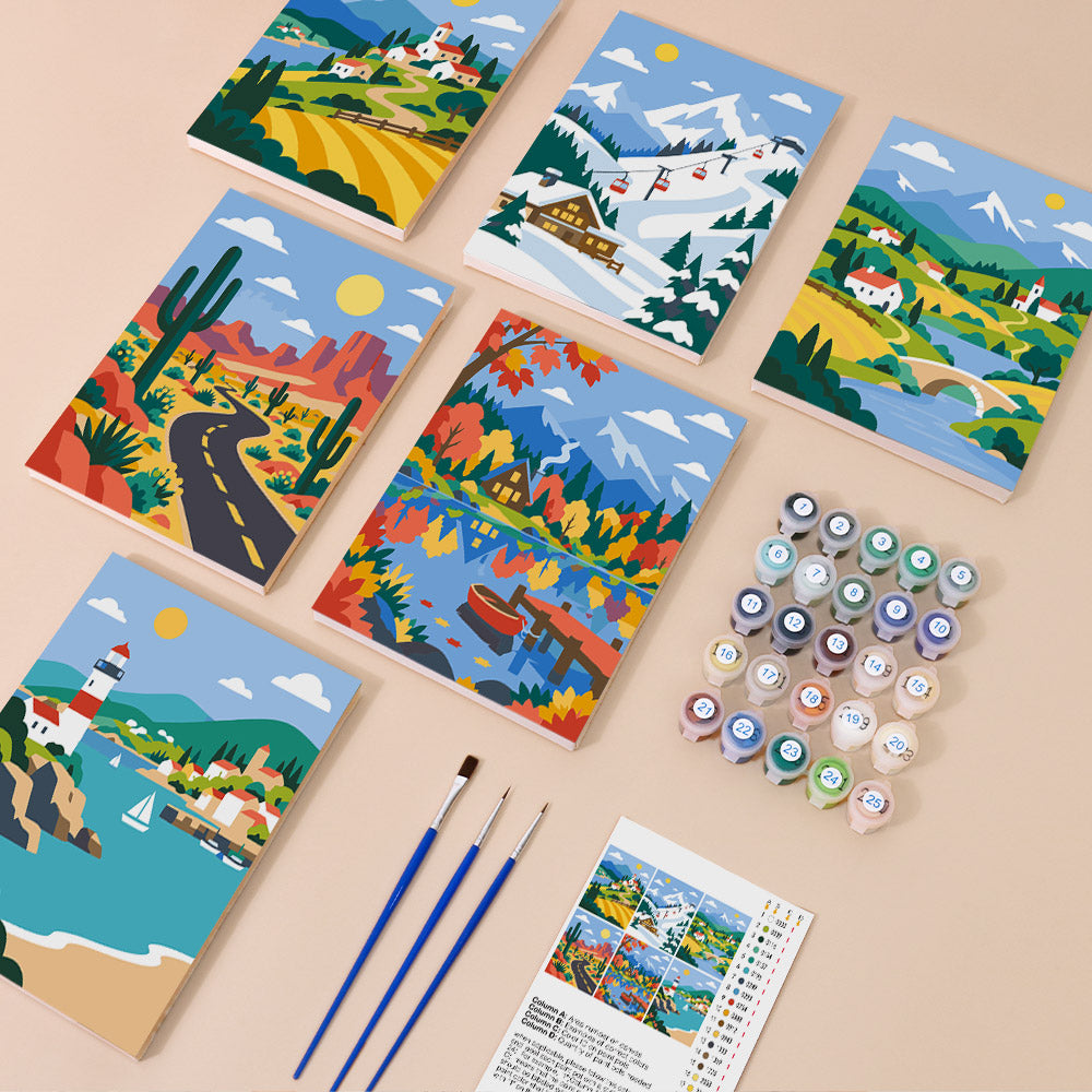Scenic Escapes mini paint by numbers kit with six numbered canvases, acrylic paints, brushes and layout