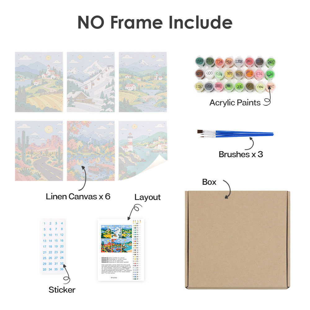 What's included without a frame: six rolled Scenic Escapes mini canvases, acrylic paints, three brushes and layout