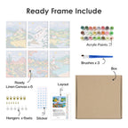 What's included pre-stretched on frame: six framed Scenic Escapes mini canvases, paints, three brushes, hangers and layout