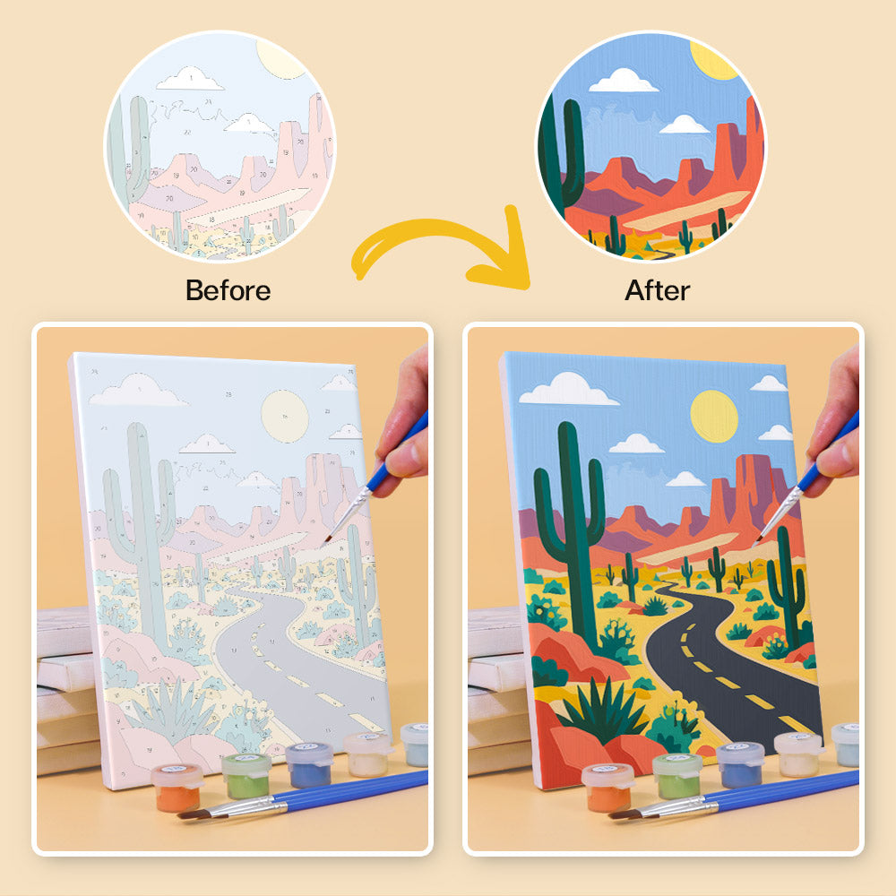 Before and after of a Scenic Escapes mini paint by numbers canvas