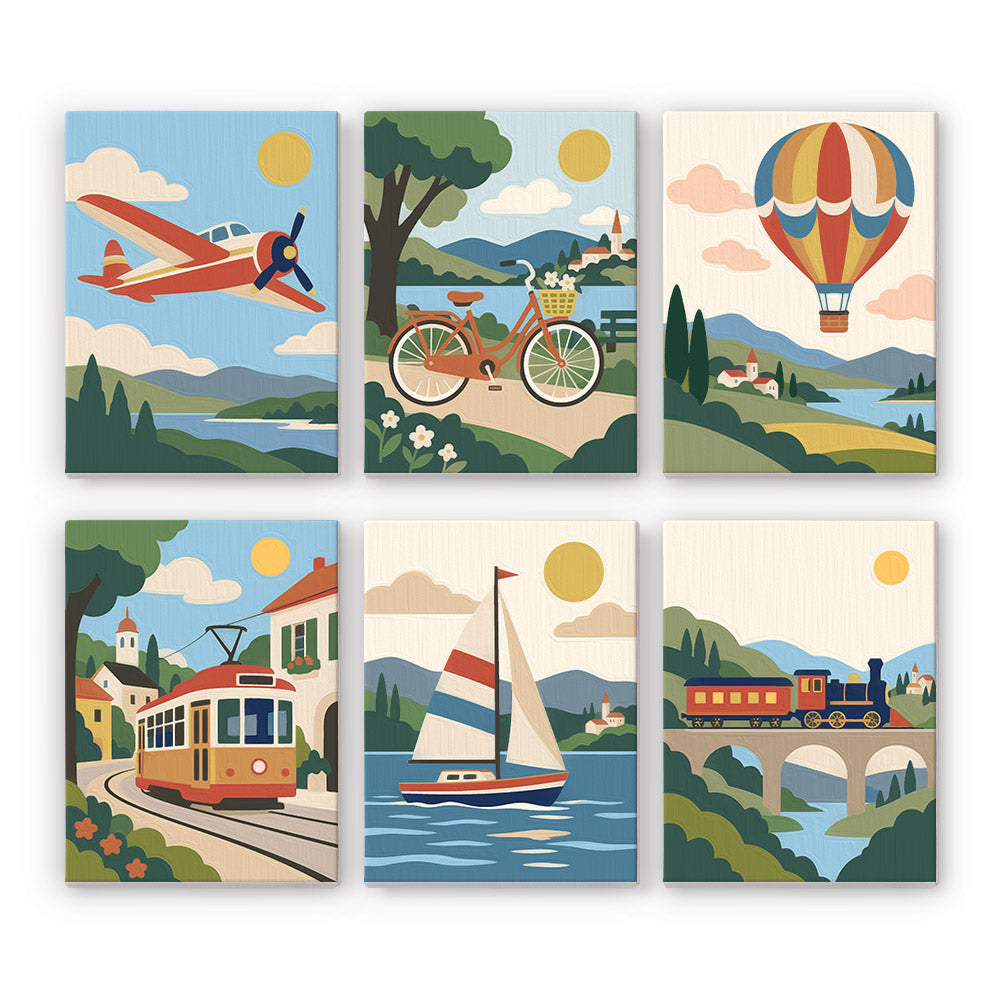 Scenic Rides mini paint by numbers set: six travel designs of a plane, bicycle, hot air balloon, tram, sailboat and steam train