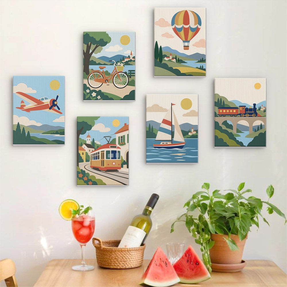 Six finished Scenic Rides mini paintings hung on a wall above a table