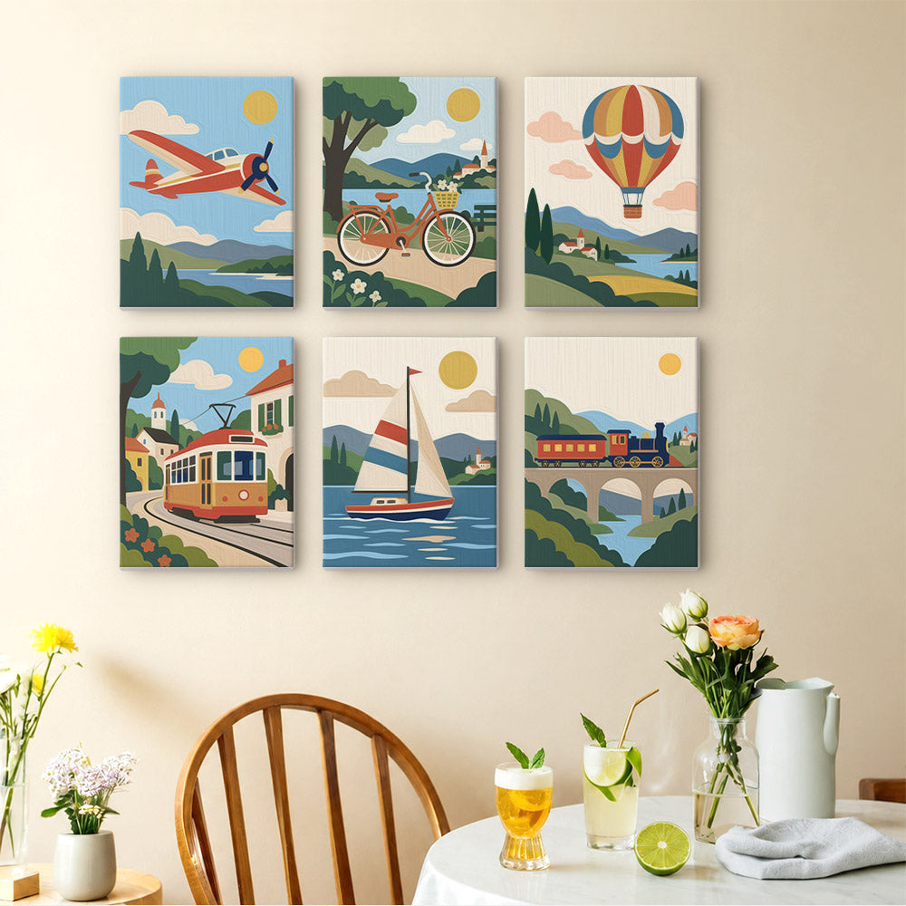 Scenic Rides mini paintings displayed as a gallery wall in a sunny kitchen
