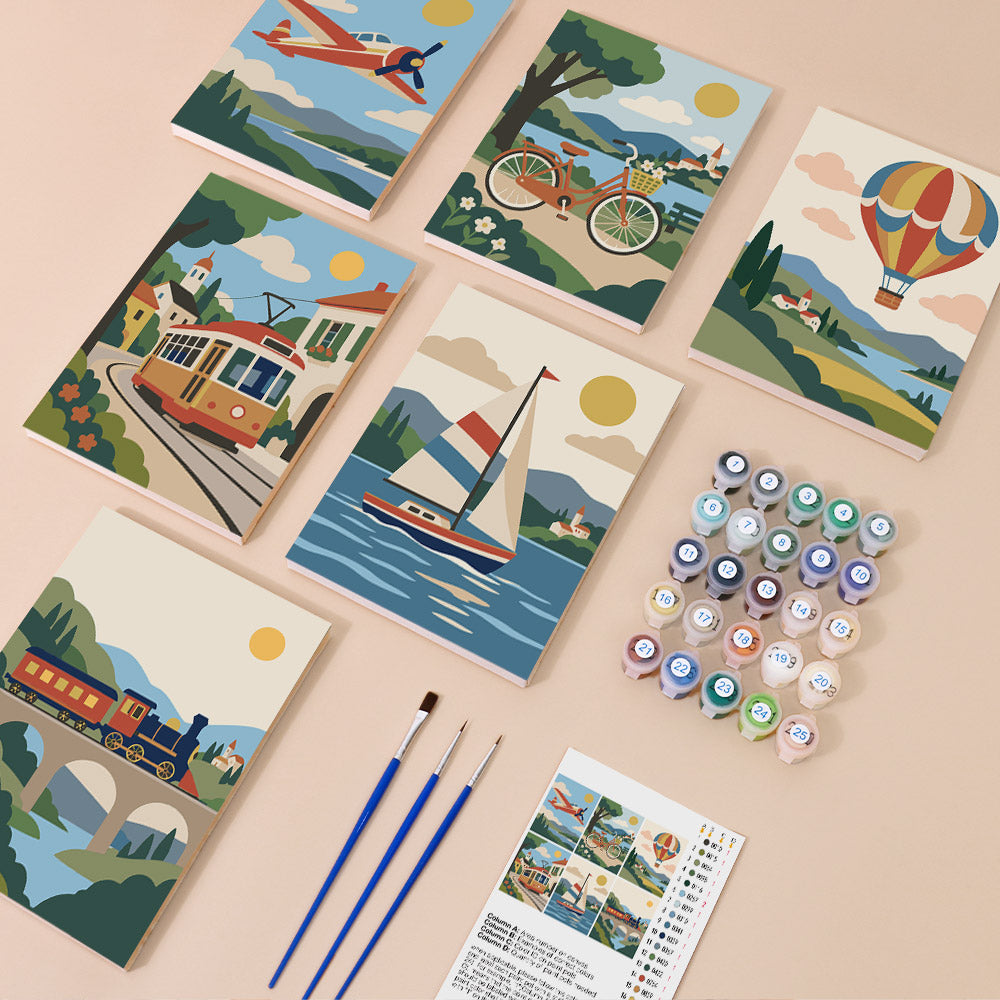 Scenic Rides mini paint by numbers kit with six numbered canvases, acrylic paints, brushes and layout