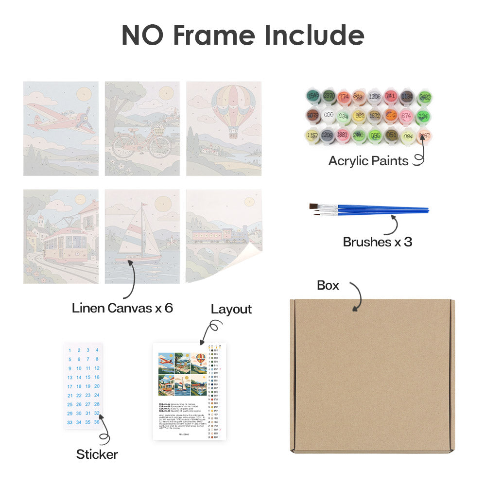 What's included without a frame: six rolled Scenic Rides mini canvases, acrylic paints, three brushes and layout
