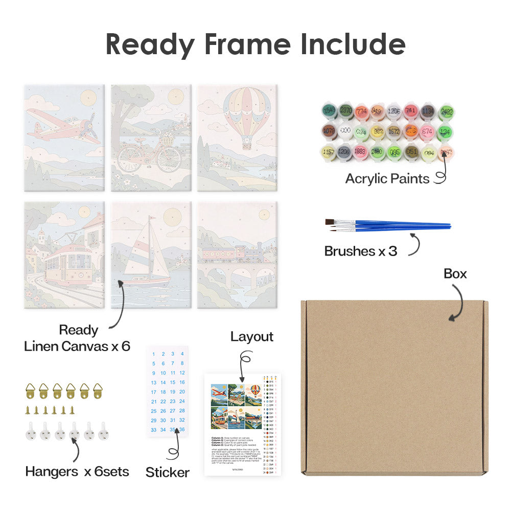 What's included pre-stretched on frame: six framed Scenic Rides mini canvases, paints, three brushes, hangers and layout