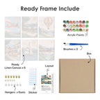 What's included pre-stretched on frame: six framed Scenic Rides mini canvases, paints, three brushes, hangers and layout