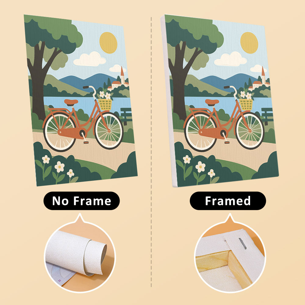 Scenic Rides mini canvas shown rolled without a frame and pre-stretched on a frame