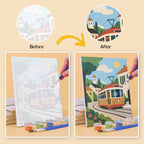 Before and after of a Scenic Rides mini paint by numbers canvas