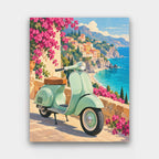 Scooter on the Coast Road paint by numbers kit of a mint vintage scooter parked by pink bougainvillea above a turquoise coastline