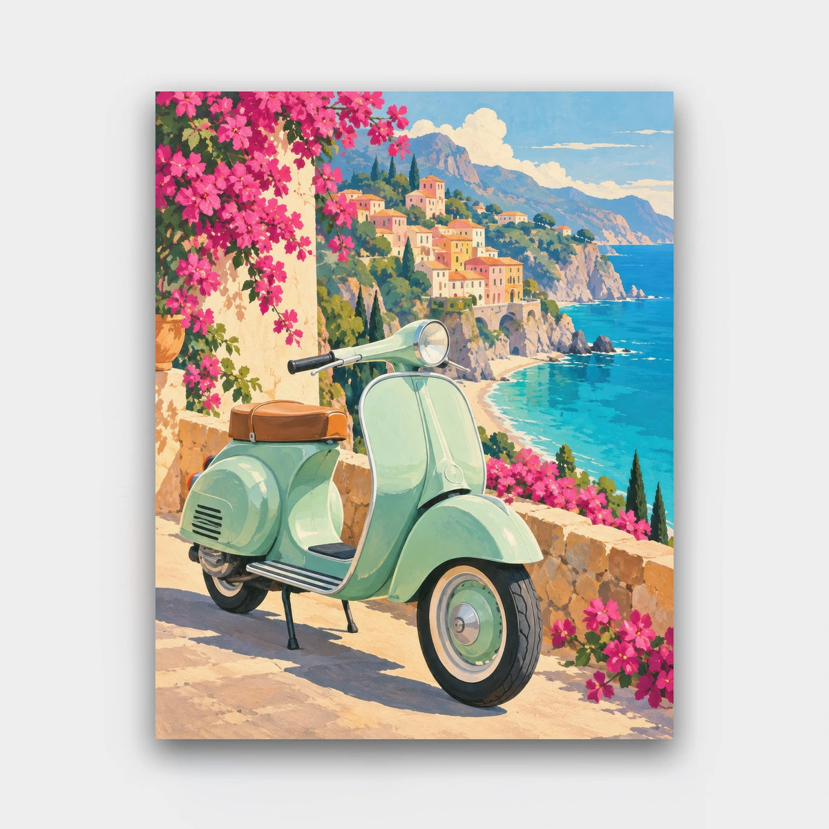 Scooter on the Coast Road paint by numbers kit of a mint vintage scooter parked by pink bougainvillea above a turquoise coastline