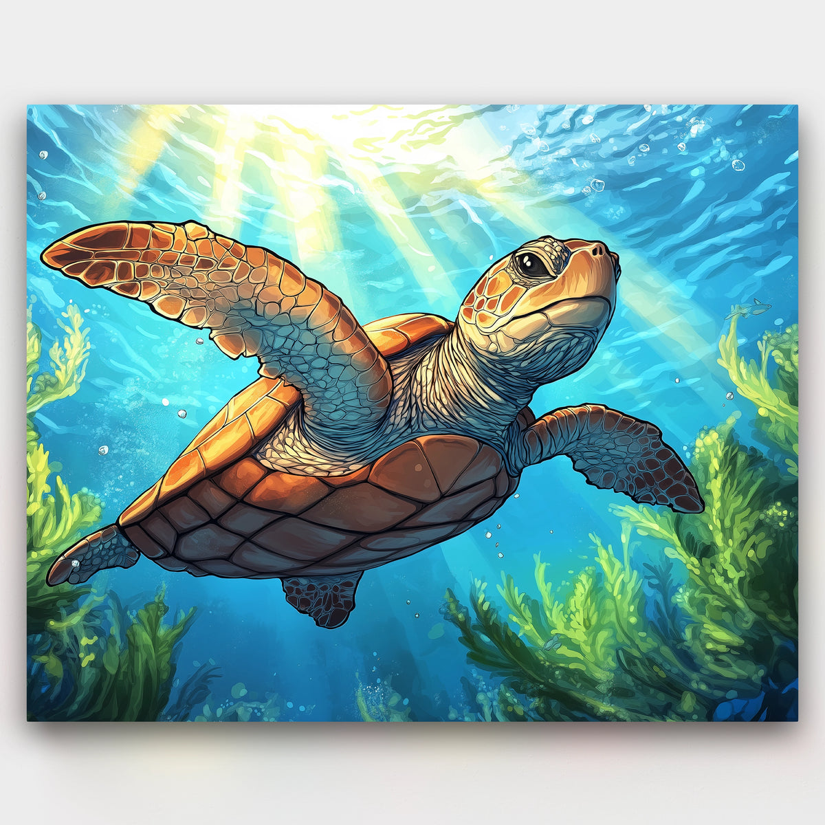 Colorful illustration of a turtle swimming in an underwater scene with sunlight filtering through.