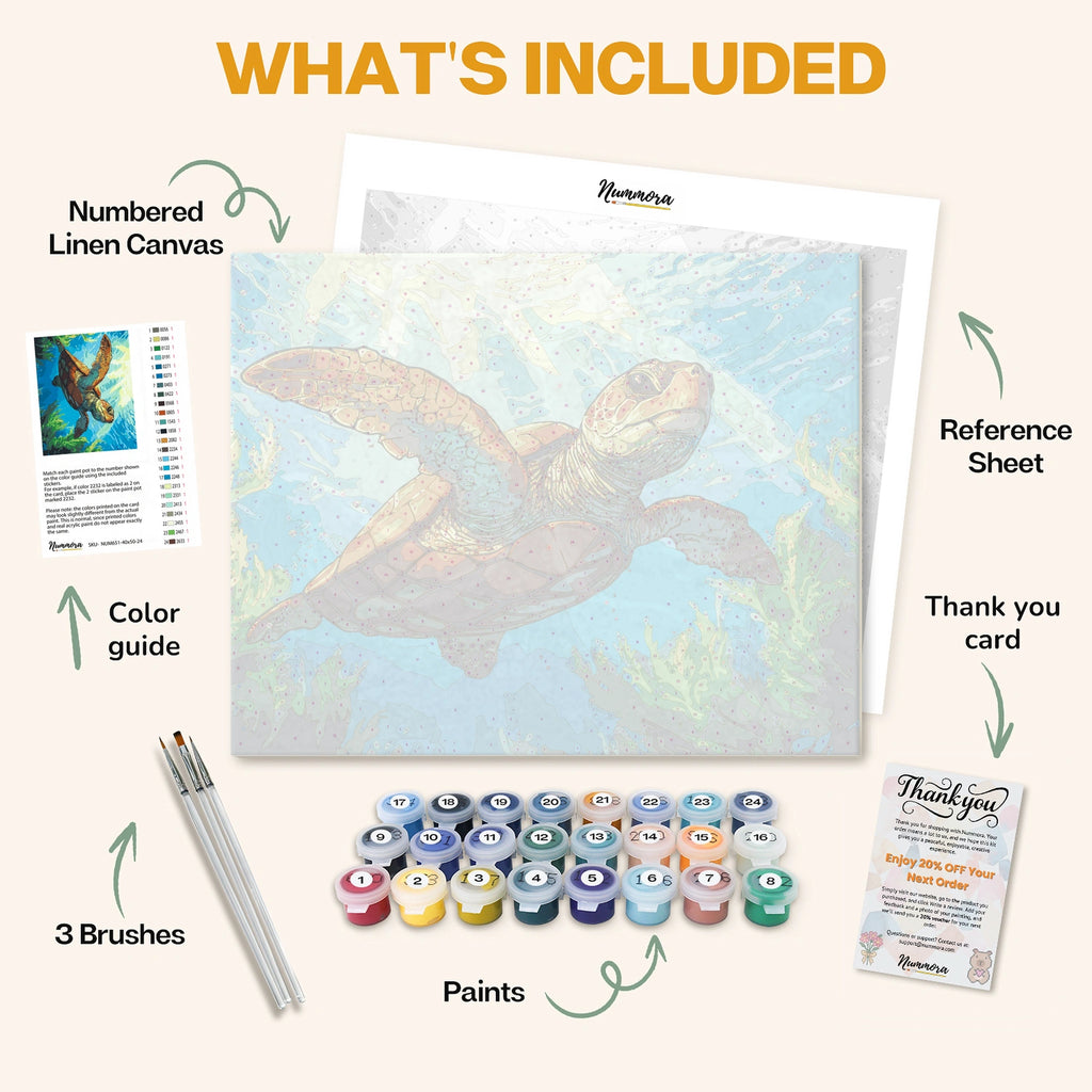 What's included in the Sea Turtle paint by numbers kit: numbered linen canvas, reference sheet, color guide, 24 acrylic paints, 3 brushes and thank you card