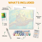 What's included in the Sea Turtle Portrait paint by numbers kit: numbered linen canvas, reference sheet, color guide, 24 acrylic paints, 3 brushes and thank you card