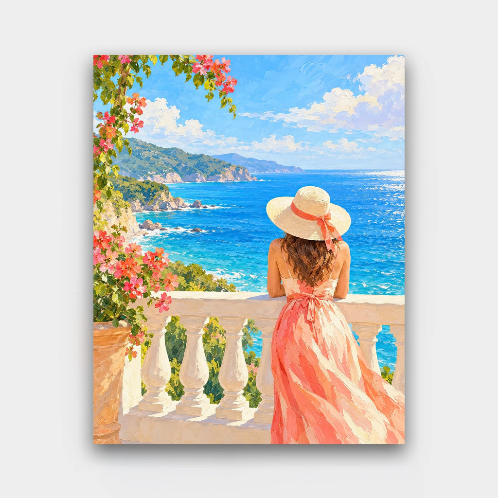 Sea View Balcony paint by numbers kit of a woman in a sun hat and peach dress leaning on a balcony above a blue sea