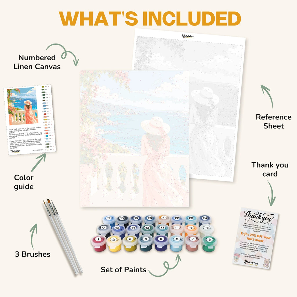 What's included in the Sea View Balcony paint by numbers kit: numbered linen canvas, reference sheet, color guide, 24 acrylic paints, 3 brushes and thank you card