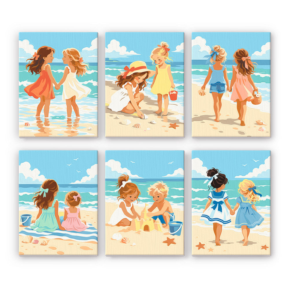 Seaside Friends mini paint by numbers set: six beach designs of little friends playing by the waves and building sandcastles