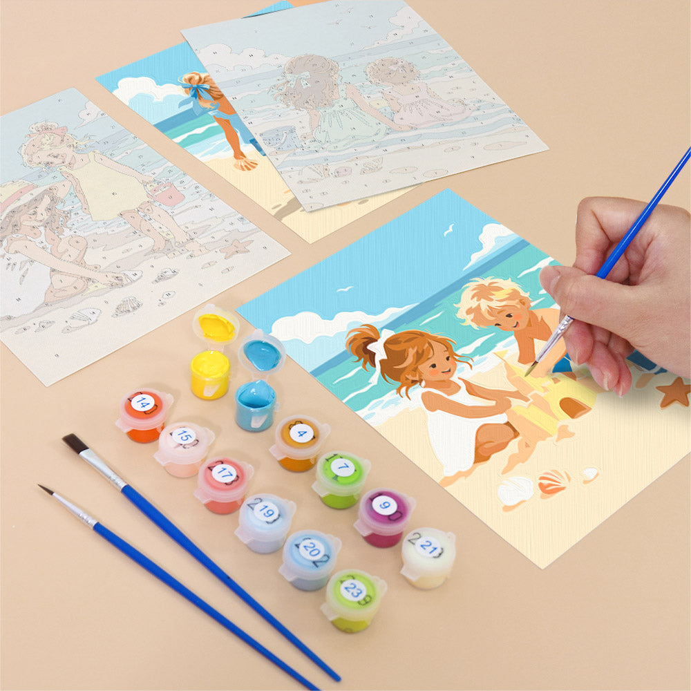 Filling in a Seaside Friends mini canvas with numbered acrylic paints and a fine brush