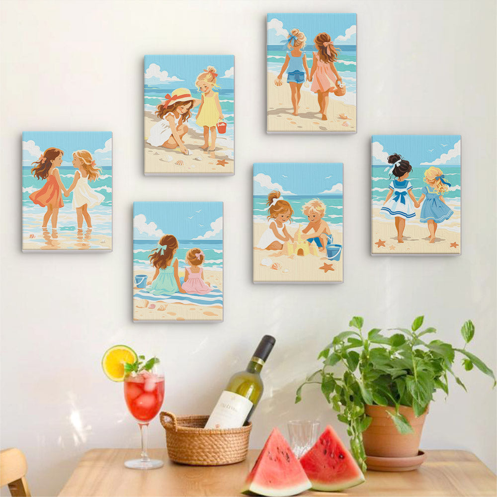 Six finished Seaside Friends mini paintings hung on a wall above a table
