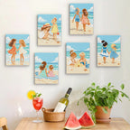 Six finished Seaside Friends mini paintings hung on a wall above a table