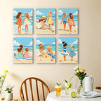Seaside Friends mini paintings displayed as a gallery wall in a sunny kitchen
