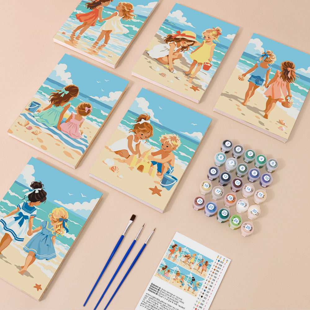 Seaside Friends mini paint by numbers kit with six numbered canvases, acrylic paints, brushes and layout