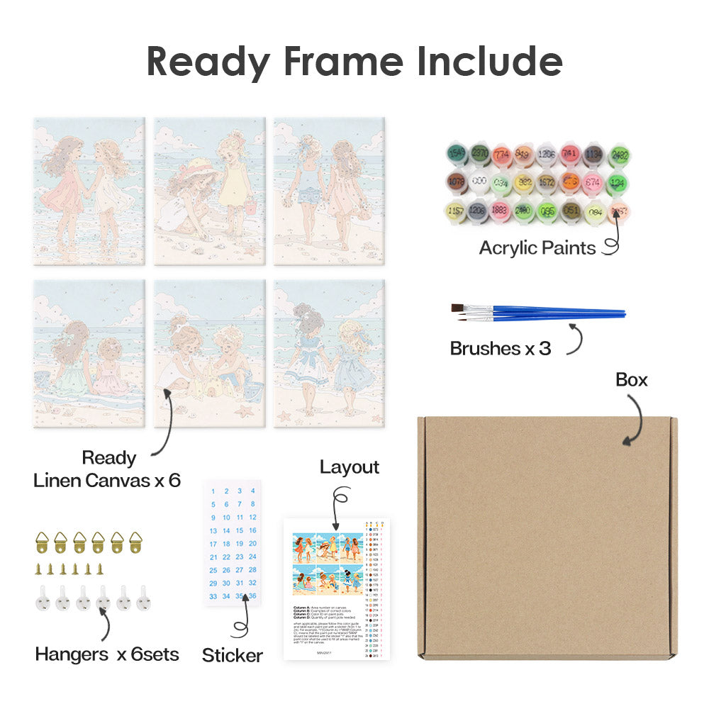 What's included pre-stretched on frame: six framed Seaside Friends mini canvases, paints, three brushes, hangers and layout