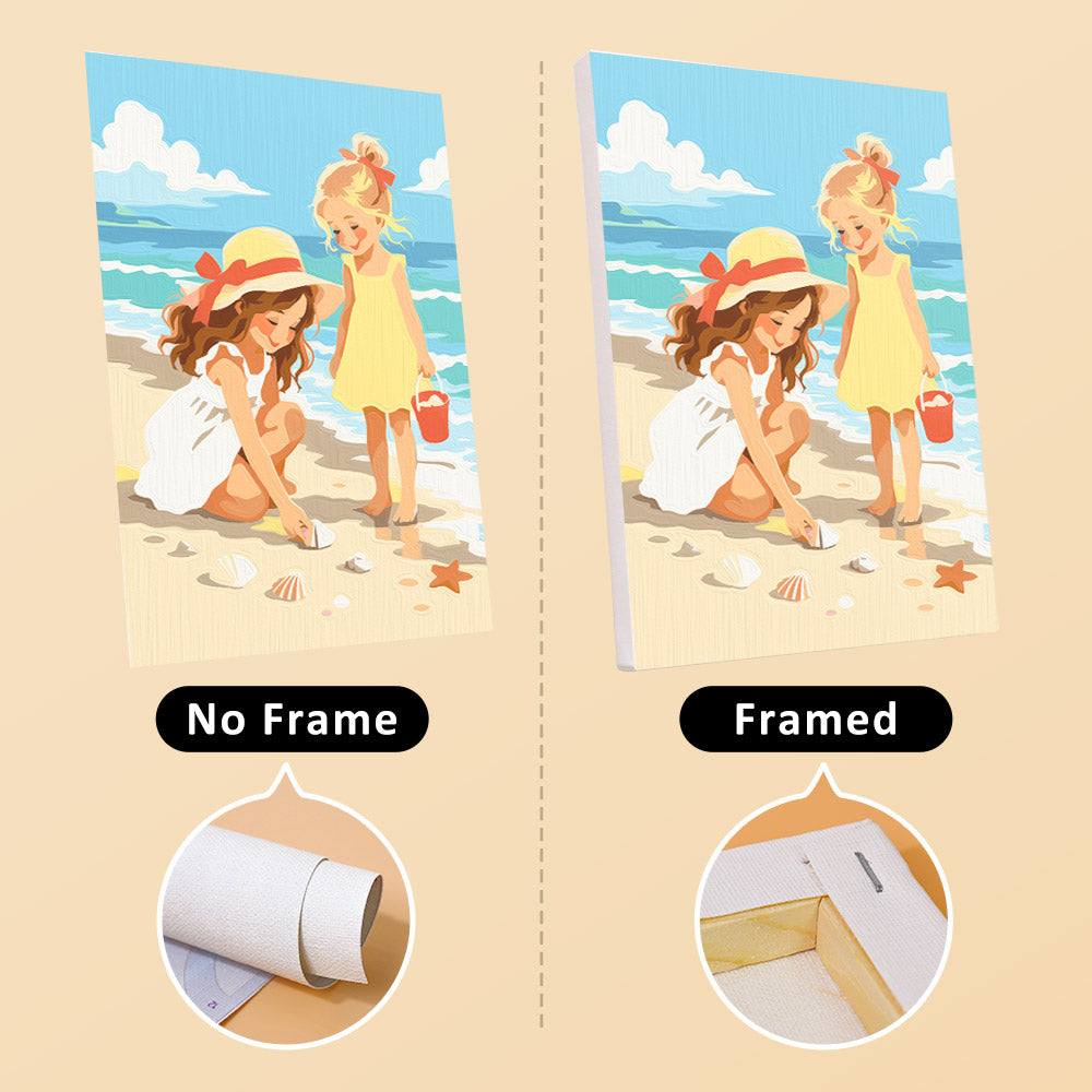 Seaside Friends mini canvas shown rolled without a frame and pre-stretched on a frame