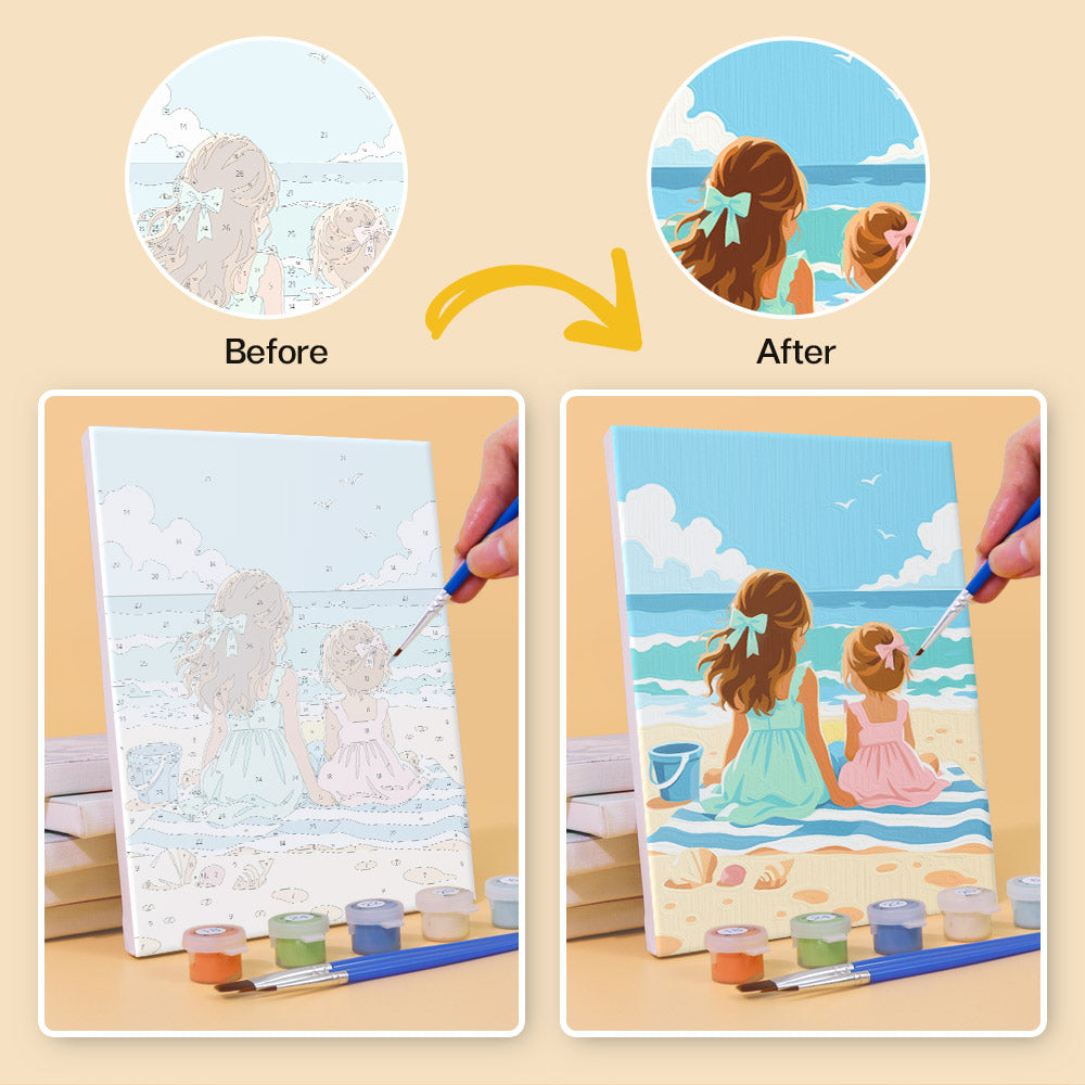 Before and after of a Seaside Friends mini paint by numbers canvas