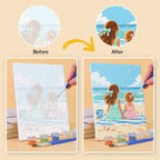 Before and after of a Seaside Friends mini paint by numbers canvas