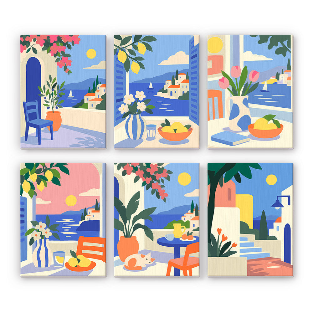 Seaside Terraces mini paint by numbers set: six designs of Mediterranean terraces with blue chairs, lemons and sea views