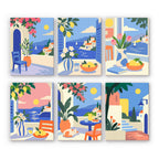 Seaside Terraces mini paint by numbers set: six designs of Mediterranean terraces with blue chairs, lemons and sea views