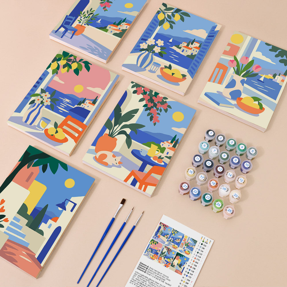 Seaside Terraces mini paint by numbers kit with six numbered canvases, acrylic paints, brushes and layout