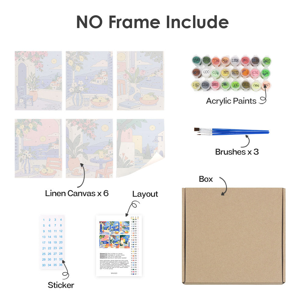 What's included without a frame: six rolled Seaside Terraces mini canvases, acrylic paints, three brushes and layout