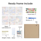 What's included pre-stretched on frame: six framed Seaside Terraces mini canvases, paints, three brushes, hangers and layout