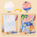 Before and after of a Seaside Terraces mini paint by numbers canvas